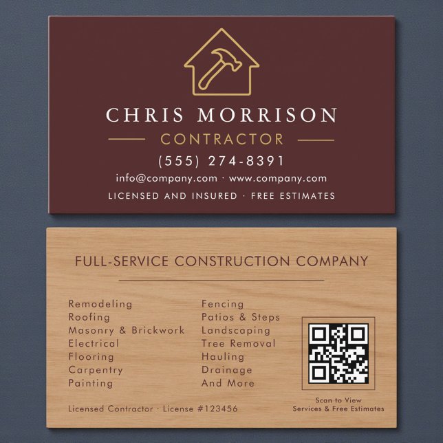 Carte De Visite Construction de bâtiments en bois Burgundy Gold QR (Créateur téléchargé)