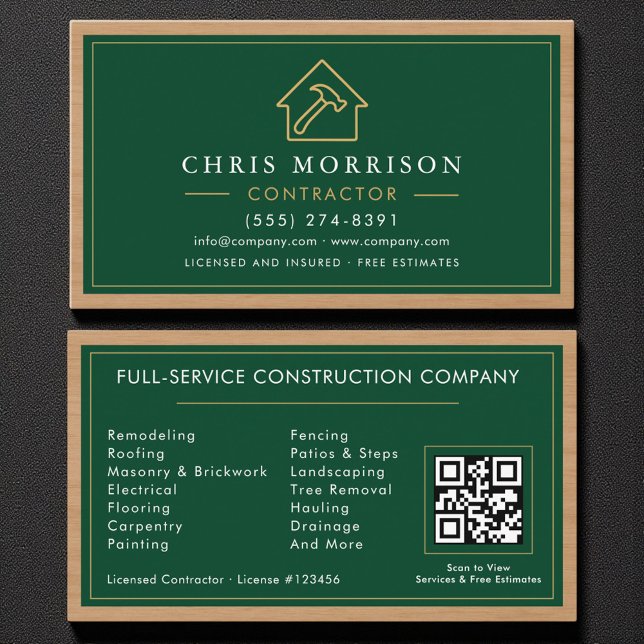 Carte De Visite Construction de bâtiments Green Gold Wood QR Code (Créateur téléchargé)