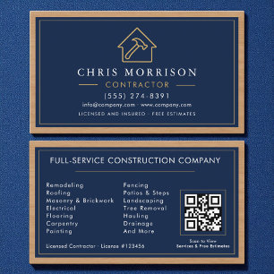 Carte De Visite Construction de bâtiments Navy Blue Or Bois Code Q