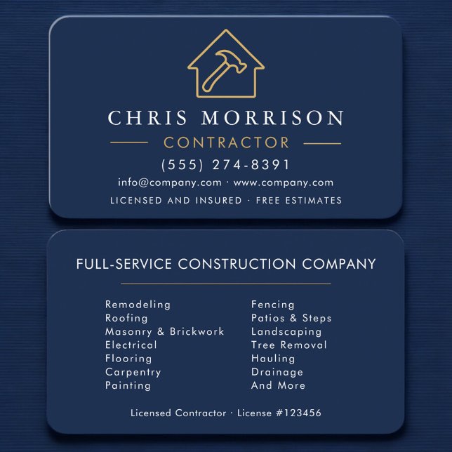 Carte De Visite Construction de bâtiments Navy Blue Or Professionn (Créateur téléchargé)