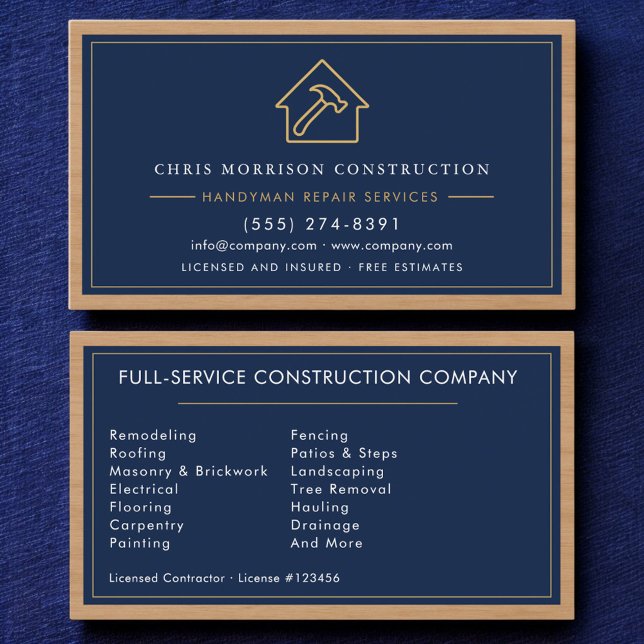 Carte De Visite Construction de bricoleur de bois Bleu marine Or (Créateur téléchargé)