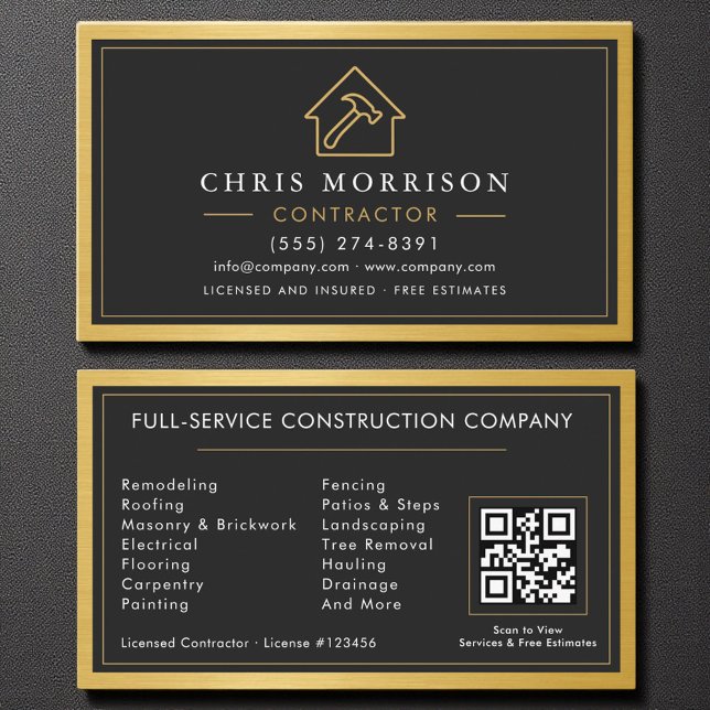 Carte De Visite Construction de construction Black Gold Métal QR C (Créateur téléchargé)