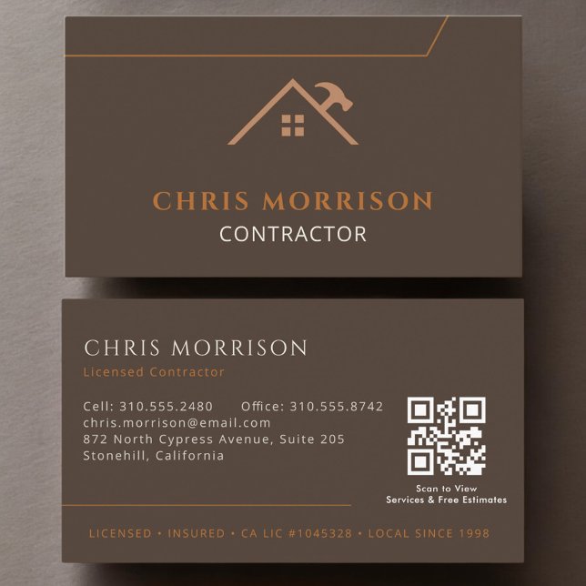 Carte De Visite Construction de l'entrepreneur Brown de code QR (Créateur téléchargé)