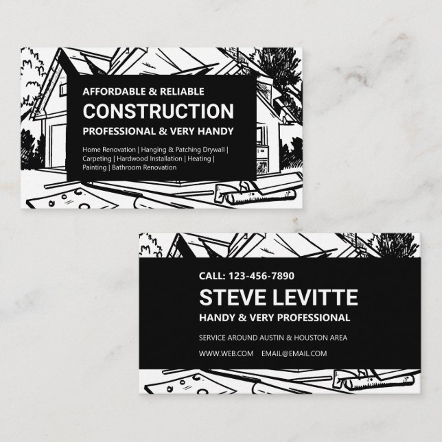 Carte De Visite Construction de maisons en noir et blanc (Devant / Derrière)