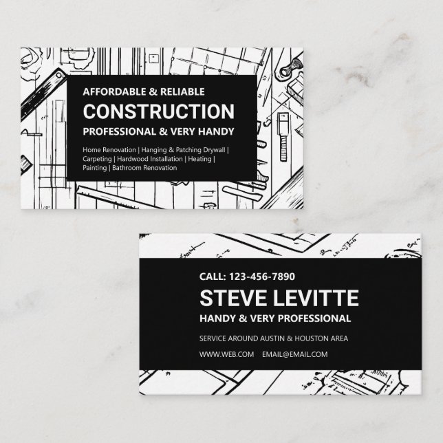 Carte De Visite Construction du plan blanc et noir (Devant / Derrière)