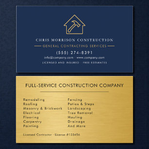 Carte De Visite Construction Luxe Bleu Nuit Métal Or