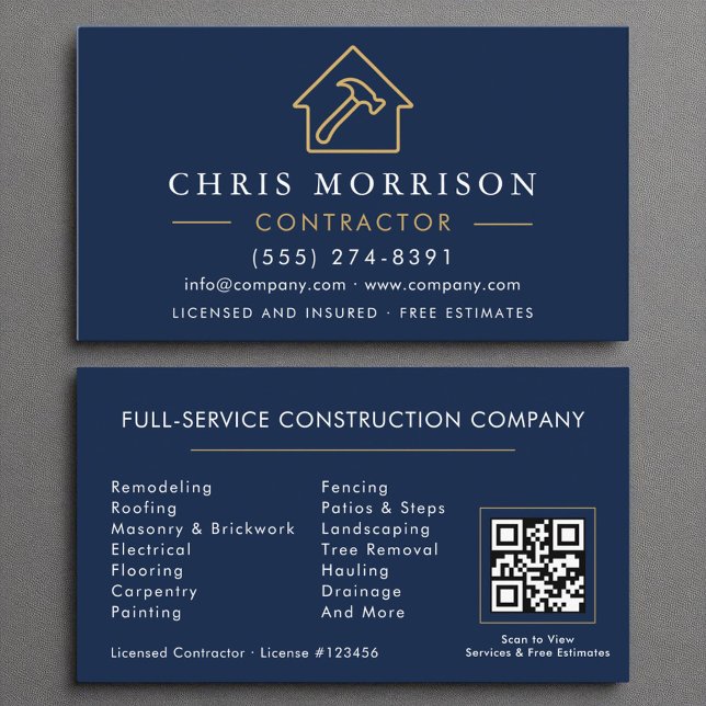 Carte De Visite Construction Marine Blue Gold QR Code (Créateur téléchargé)