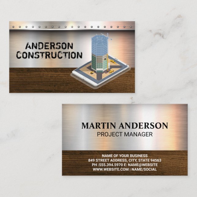 Carte De Visite Construction | Metal Rivets Wood (Devant / Derrière)
