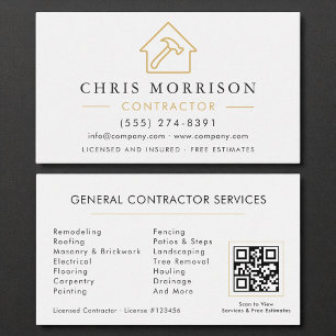 Carte De Visite Construction moderne minimaliste Or blanc QR Code