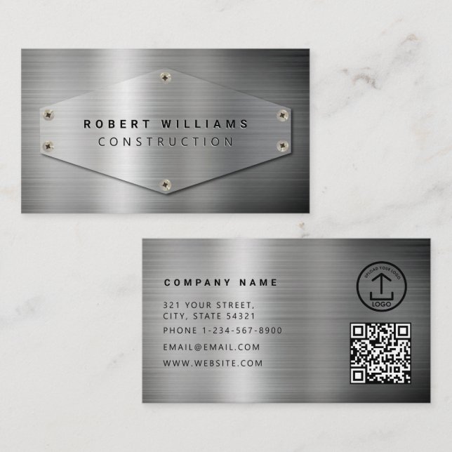 Carte De Visite Construction QR Code Metallic Silver Metal (Devant / Derrière)