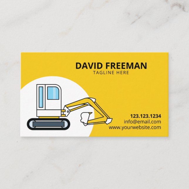 Carte De Visite Construction simple d'excavateur jaune et blanc (Devant)