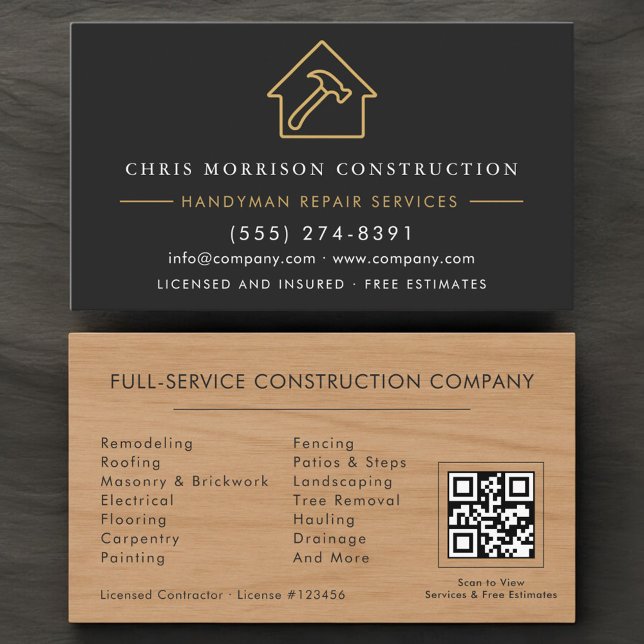 Carte De Visite Construction Wood Handyman Black Gold Code QR (Créateur téléchargé)