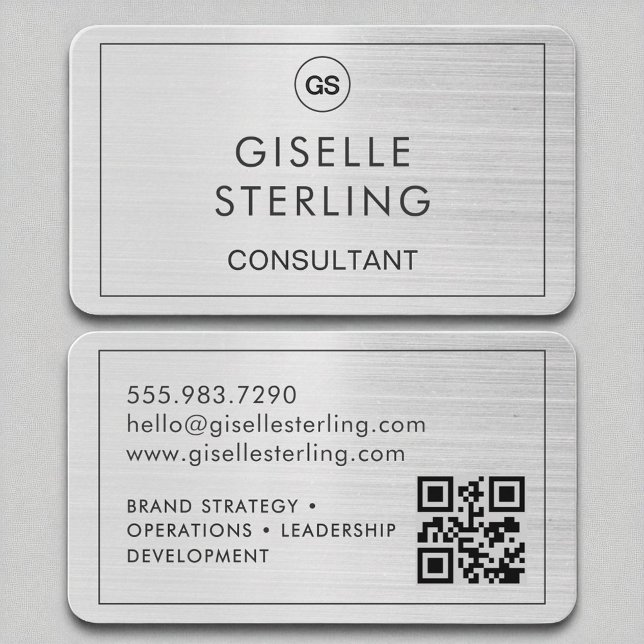 Carte De Visite Consultant Brossé Monogramme argent Code QR (Créateur téléchargé)