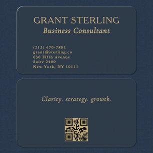 Carte De Visite Consultant en affaires Code QR Bleu Nuit Or