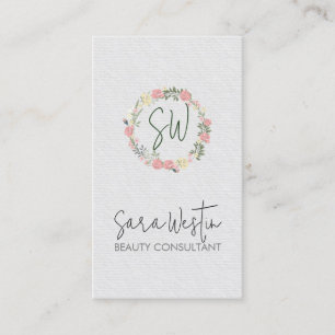 Carte De Visite Consultante en beauté Monogramme floral Roses blan