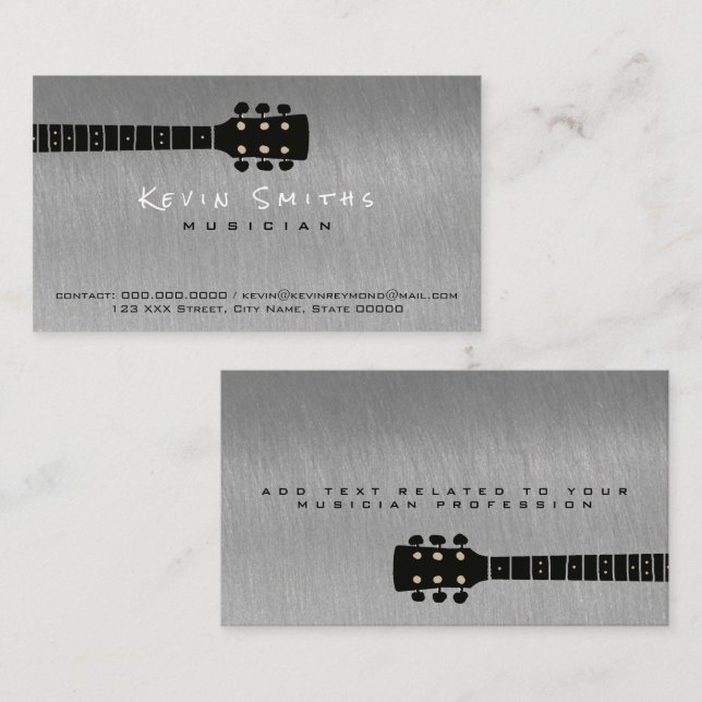 Carte De Visite contact de musicien cool gris acier (Devant / Derrière)