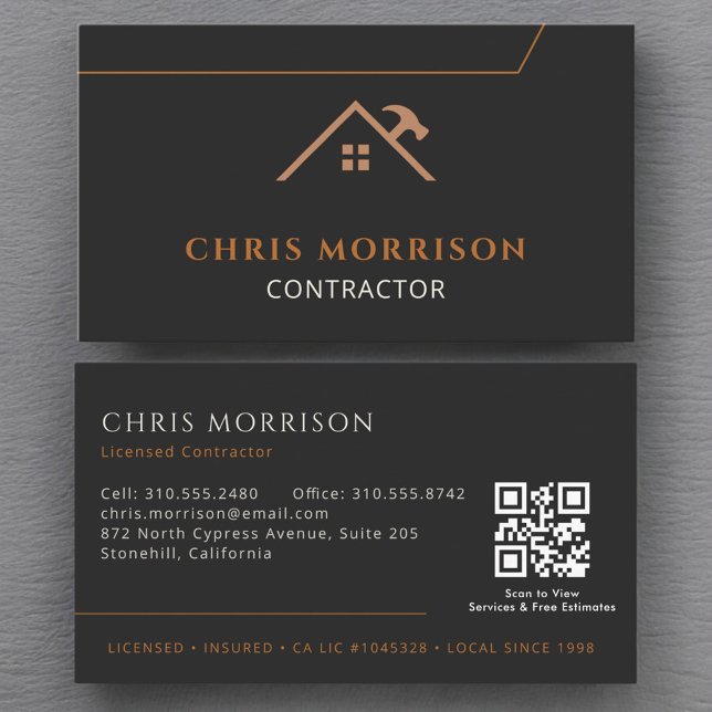 Carte De Visite Contractant Construction QR Code noir Cuivre (Créateur téléchargé)