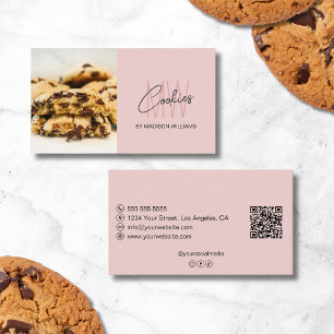 Carte De Visite Cookies Monogramme Logo Boulangerie Photo QR Rose