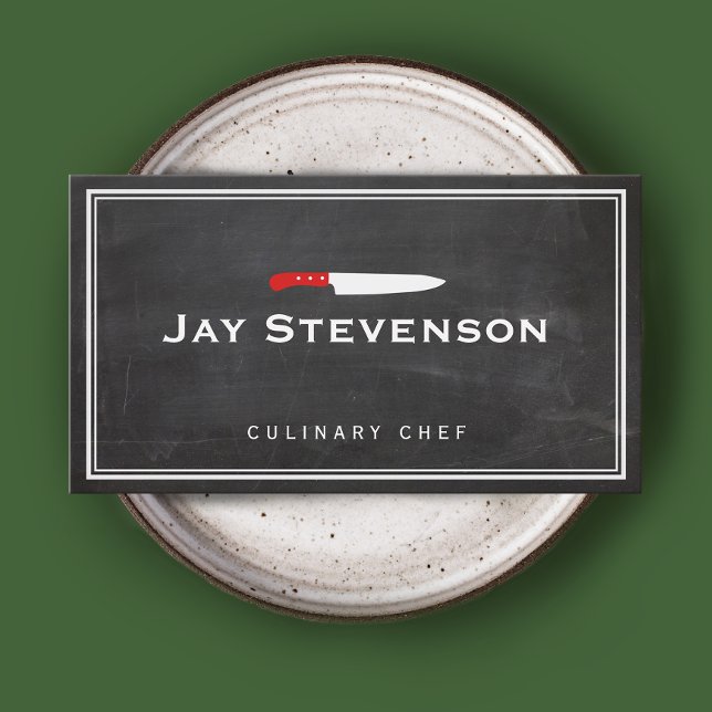 Carte De Visite Cool Personnel Chef Couteau Noir Logo de restaurat (business card with red handle 
culinary knife.)