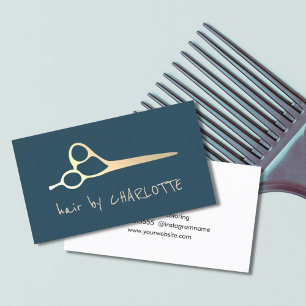 Carte De Visite Cool Simple Bleu Faux Ciseaux Or Liste de cheveux