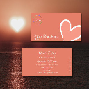 Carte De Visite Corail chic avec un magnifique coeur rose et logo 