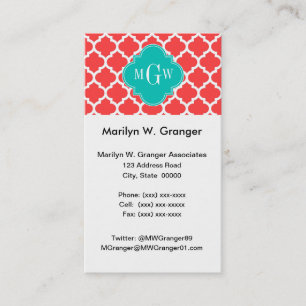 Carte De Visite Coral Red Wht Moroccan #5 Teal 3 Initial Monogram
