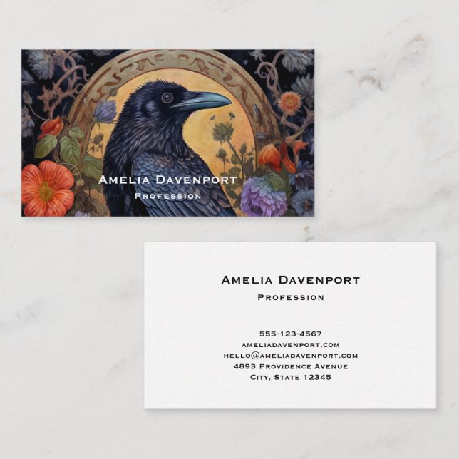 Carte De Visite Corbeau noir avec fleurs Design gothique (Devant / Derrière)