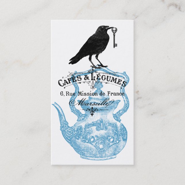 Carte De Visite Corbeau squelette clé et théière (Devant)