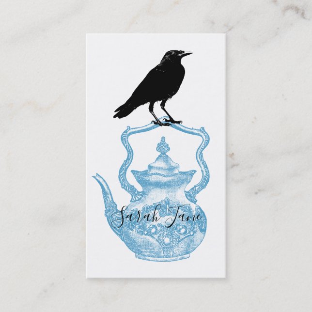 Carte De Visite Corbeau Sur La Théière Bleue (Devant)