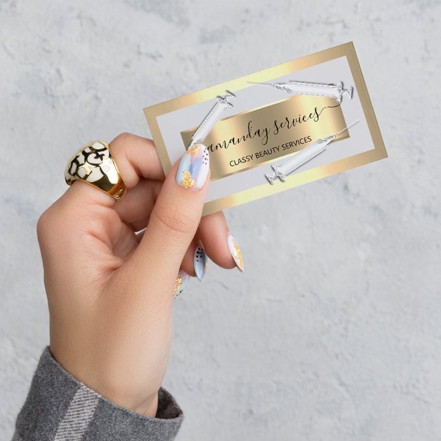 Carte De Visite Cosmetologue Syringe Botox B12 QRCode Gris Or (Cosmetologist Syringe Botox B12 QRCode Gray Gold Business Card)