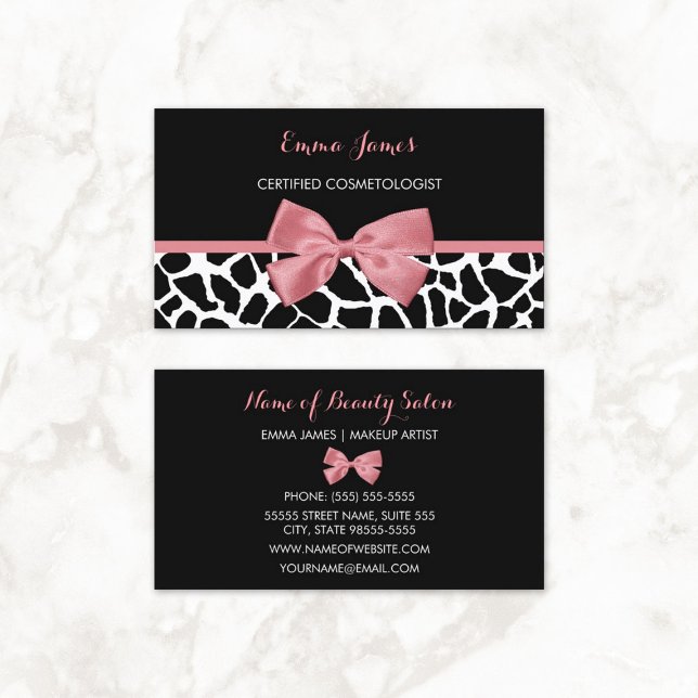 Carte De Visite Cosmetologue Tendance Giraffe Imprimer Rosy Rose B (Cosmetologist Trendy Giraffe Print Rosy Pink Bow Business Cards)