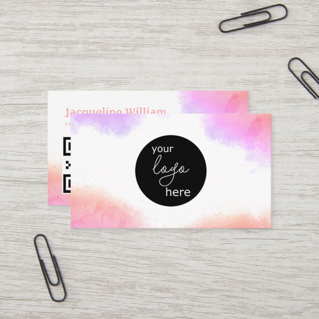 Carte De Visite Couleur d'aquarelle floue Code QR personnalisé (Devant/Arrière en situation)