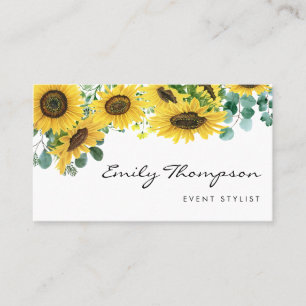 Carte De Visite Couleur d'eau Tournesols et Eucalyptus Script Feui