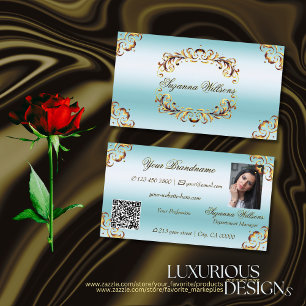 Carte De Visite Couleur or noble bleu glace avec photo et code QR