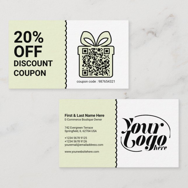 Carte De Visite Coupon de réduction QR Code green Marketing (Devant / Derrière)