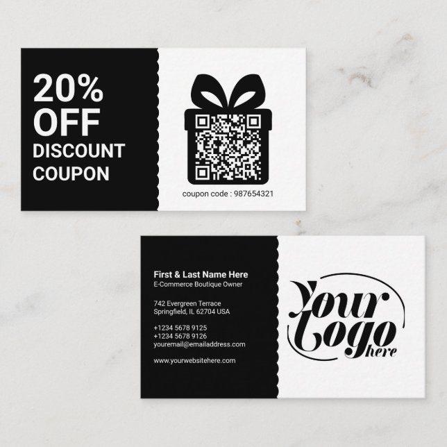 Carte De Visite Coupon rabais QR Code noir Marketing (Devant / Derrière)