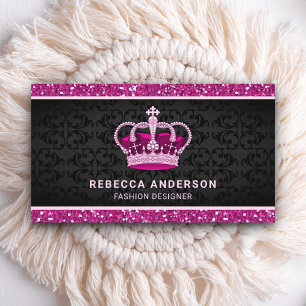 Carte De Visite Couronne Royale Faux Paillettes Rose Chaud Damassé