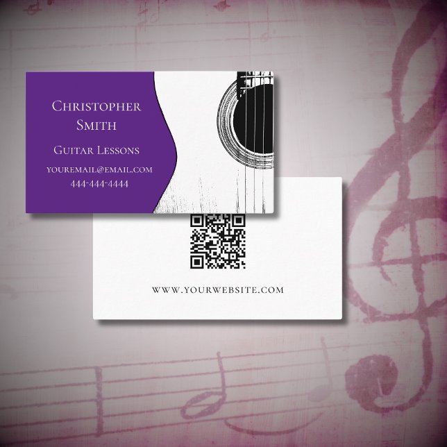 Carte De Visite Cours de musique Guitare QR Code violet (Créateur téléchargé)