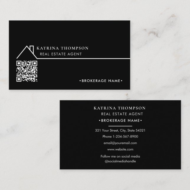 Carte De Visite Courtier agent immobilier moderne QR Code noir (Devant / Derrière)