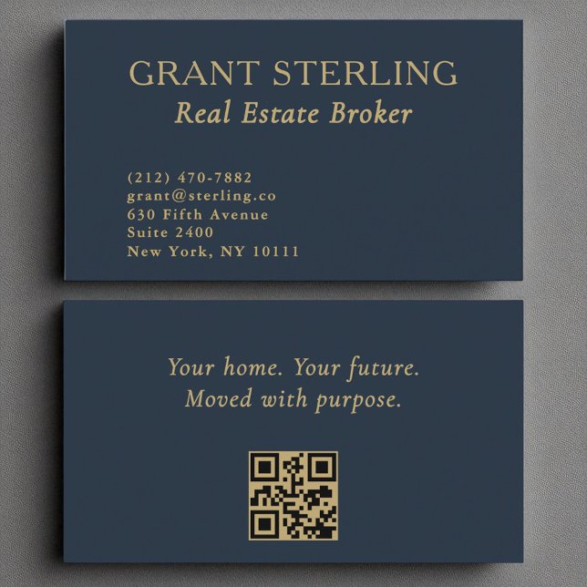 Carte De Visite Courtier immobilier Marine Blue Gold QR Code (Créateur téléchargé)