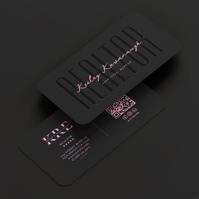Carte De Visite Courtier immobilier noir rose (Realtor Mortgage Black Pink Real Estate Broker Business Card
)