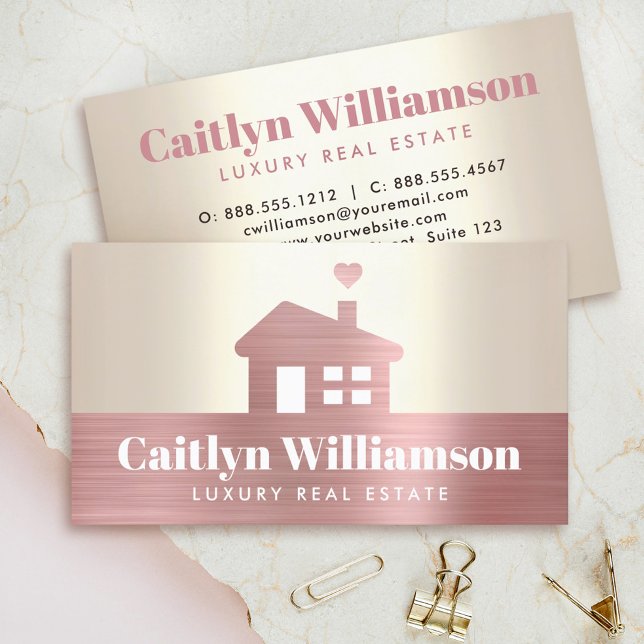 Carte De Visite Courtier immobilier Pink Foil House Gold Moderne (Créateur téléchargé)