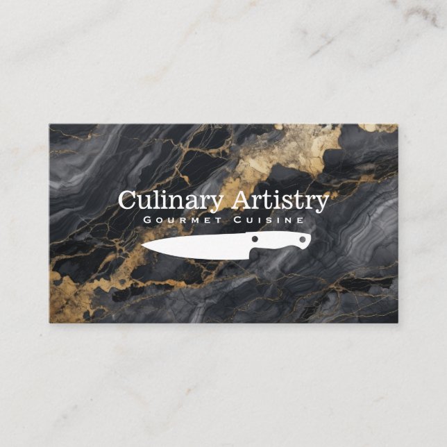Carte De Visite Couteau de cuisine | Marbre noir or | Chef (Devant)
