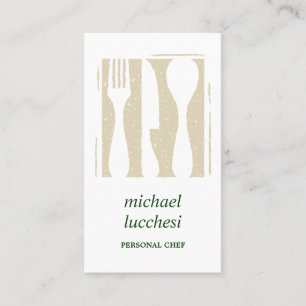 Carte De Visite Couverts Beige Vert Chef Restauration Restaurant