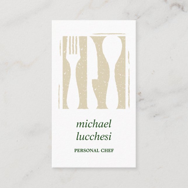 Carte De Visite Couverts Beige Vert Chef Restauration Restaurant (Devant)