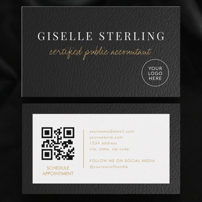 Carte De Visite CPA Accountant Tax Faux Leather Logo QR Code (Créateur téléchargé)