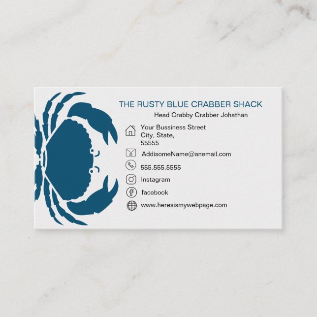 Carte De Visite Crabe Bleu Fruits de mer Noir Blanc Simple Nautiqu (Devant)