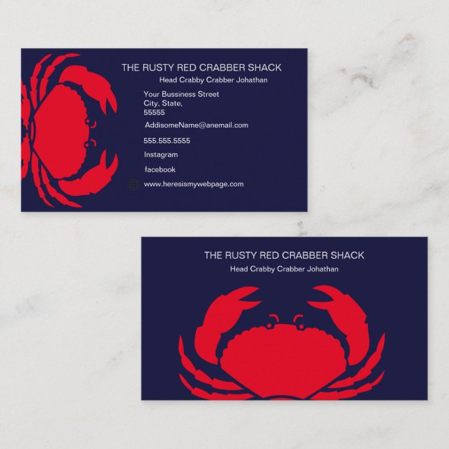 Carte De Visite Crabe rouge Fruits de mer Marine Bleu Blanc Simple (Devant / Derrière)
