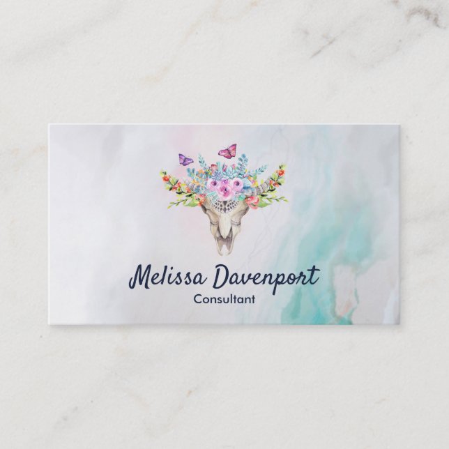 Carte De Visite Crâne animal Boho avec papillons et fleurs (Devant)