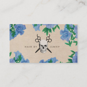 Carte De Visite crâne floral chic bleu de cisaillements de
